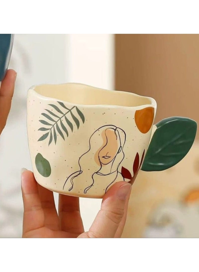 مج بورسلين فاخر سعة 360 ملي باللون البيج الكريمي المنقط بتصميم "لاين آرت" عصري ويد فريدة على شكل ورقة شجر خضراء لإضافة لمسة فنية وراقية لقهوتك الصباحية - Image 2